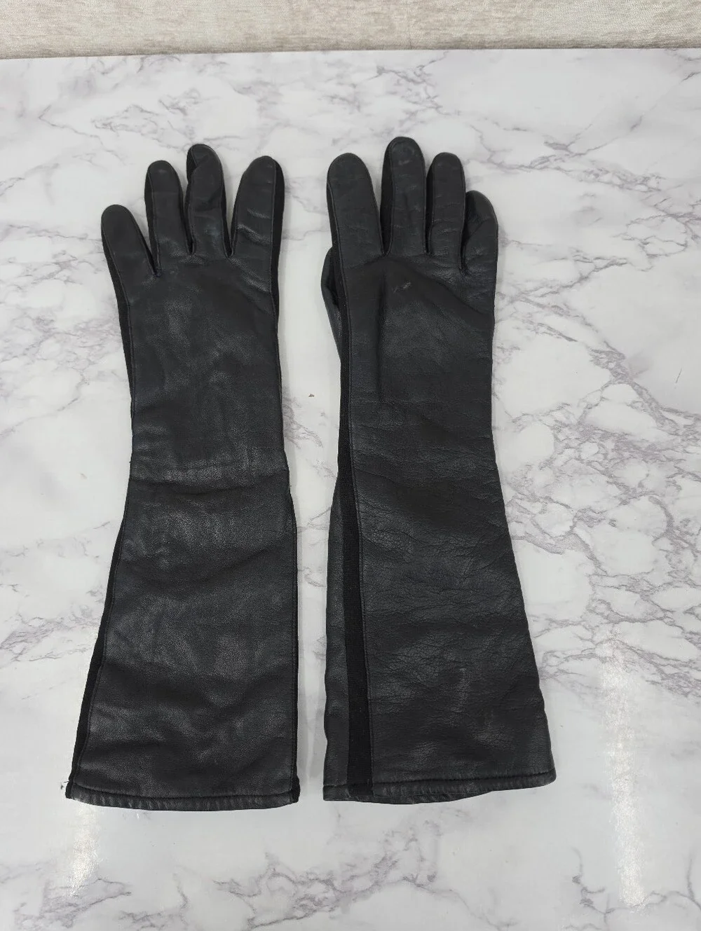 Fownes Long Black Leather Gloves with Nylin Stretch Contrast Dress Oprea